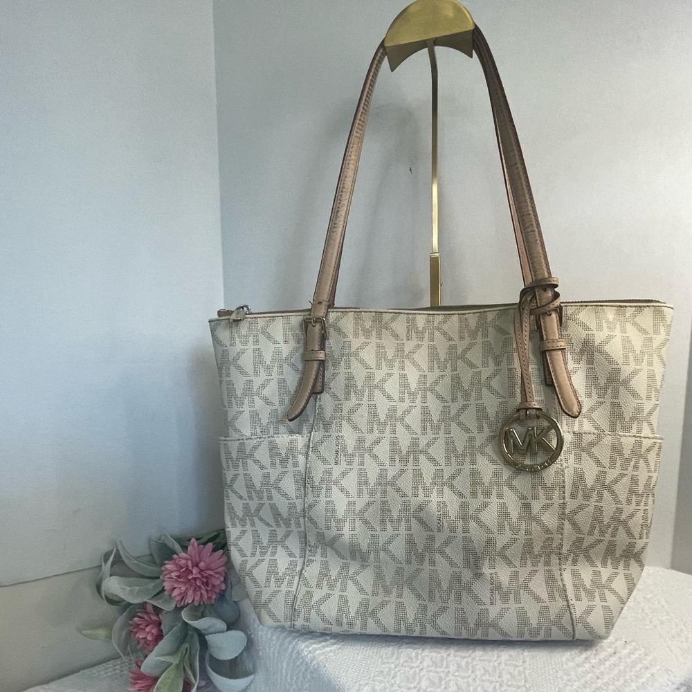 Michael Kors Beige/Tan Signature MK Logo Tote with Gold Hardware